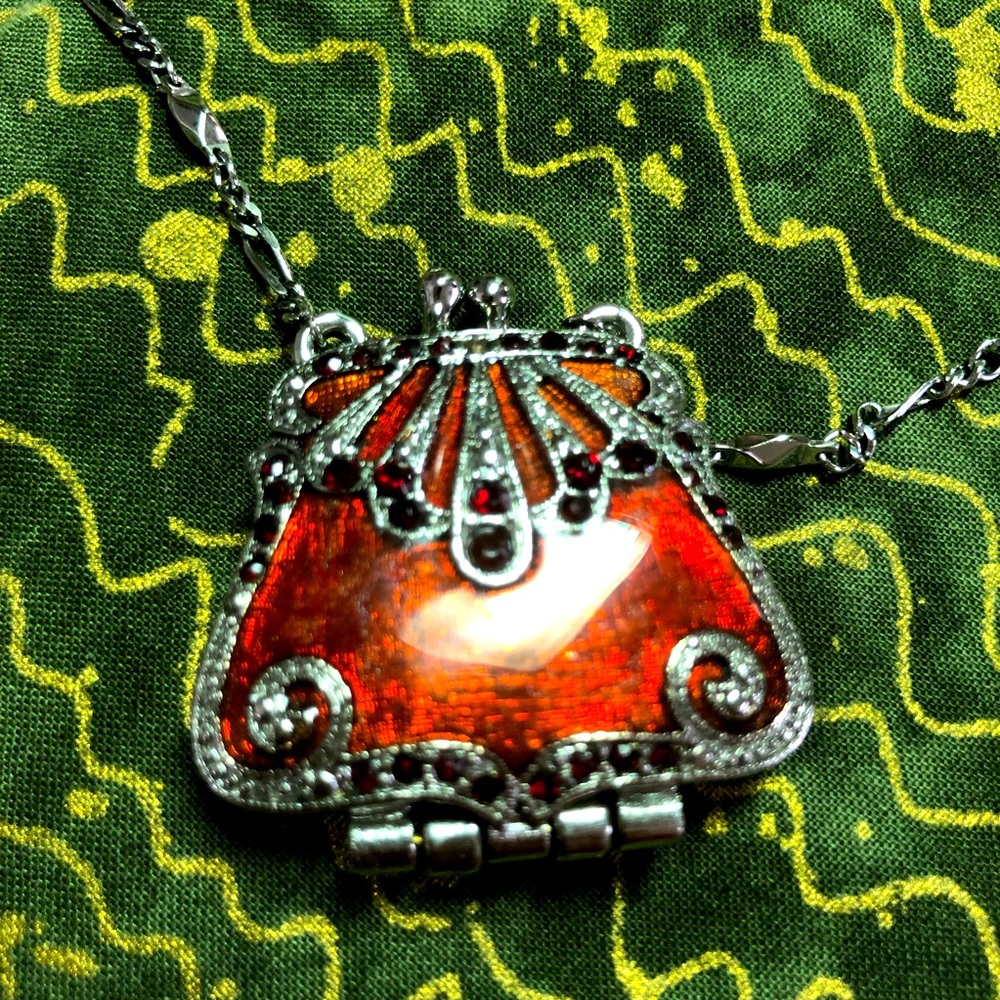 VCLM Signed Vintage Red Rhinestone Vintage Orange Wish box Pendant ca. 20 inches